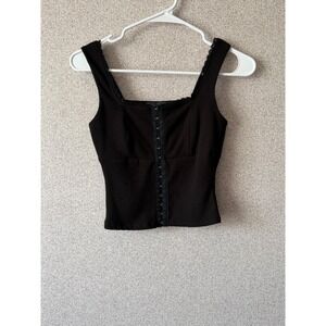 Vibe Sportswear Black Ribbed Corset Style‎ Tank Top Lace Trim Square Neck XS